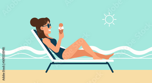 Relaxation And Summer Bliss: Woman Enjoying Ice Cream On A Beach Lounger