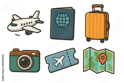 Travel essentials icons set with airplane, passport, luggage, camera, airplane ticket, and map location pin, cartoon vector illustration, tourism and vacation symbols collection