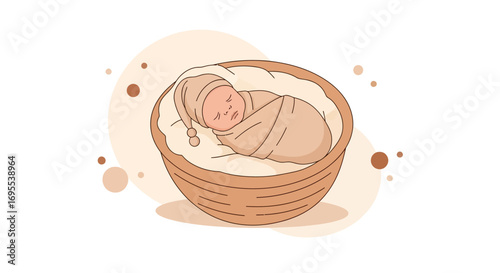 A peaceful baby sleeping snugly in a basket, a charming illustration of infancy