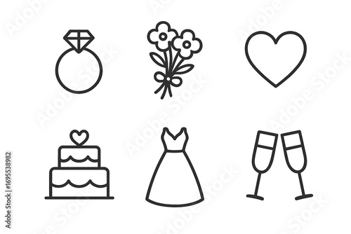 Minimalist wedding icons set with diamond ring, bouquet flowers, heart shape, layered cake, bridal dress, and clinking champagne glasses, vector cartoon transparent background