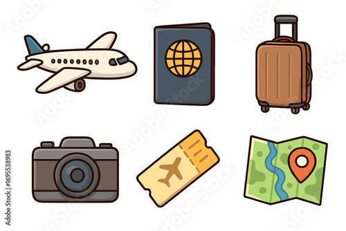 Travel essentials icons set with airplane, passport, luggage, camera, flight ticket, and location map. Cartoon vector illustration collection for tourism, vacation, and journey concepts.