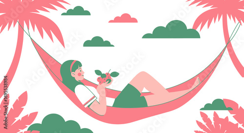 Relaxation And Summer Vibes, Serene Woman Resting In Hammock Holding Fruit, Flat Vector