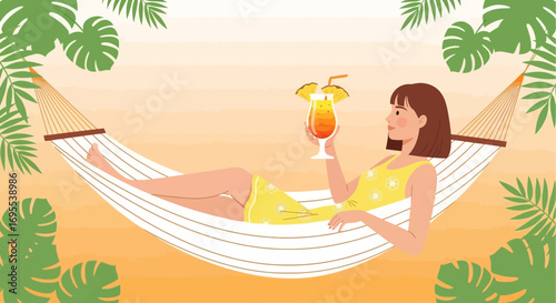 Relaxation And Summer Moments: Woman Lounging On Hammock Drinking A Cocktail