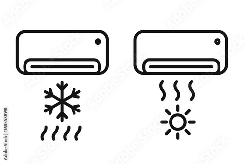 Air conditioner icon set for climate control. Vector line art symbols for cooling and heating. Hot and cold air flow pictograms. Minimalist HVAC system illustration.