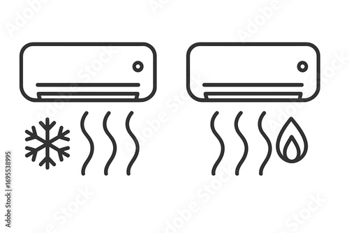 Air conditioner icons for cooling and heating. Climate control concept with snowflake and flame symbols. Vector line art illustration for temperature regulation, hot and cold.