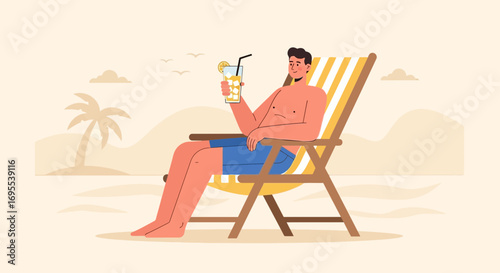 Relaxation On The Beach While Sipping A Beverage, Enjoying Pure Moment