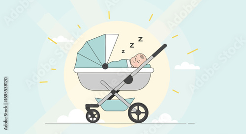 A Peaceful Nap: Adorable Baby Sleeps Soundly in a Stroller Under Sunny Skies