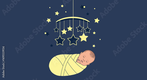 A Peaceful New Beginning: Artistic Swaddled Baby Under Starry Nighttime Mobile
