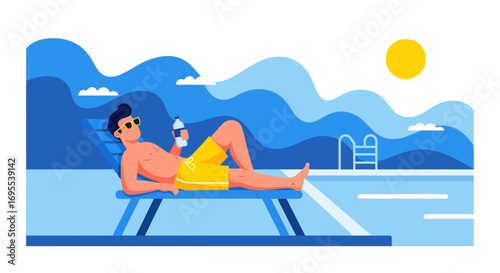 Relaxation Under The Sun: A Man Enjoying A Summer Day Near The Pool