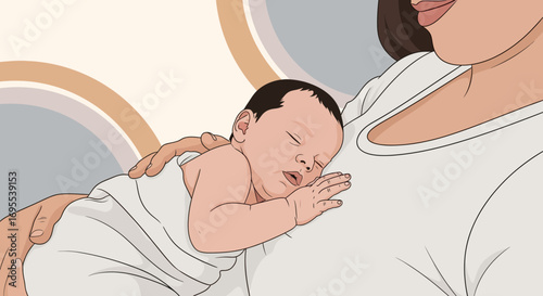 A Peaceful Newborn Baby Resting Comfortably against Its Smiling Mother's Chest