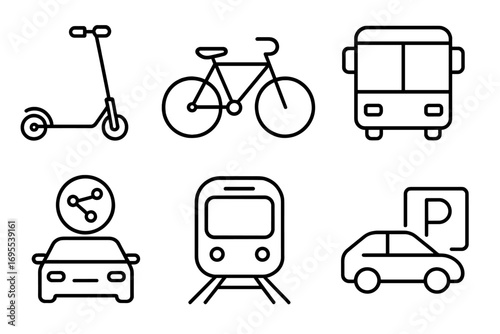 Urban transportation icons set with scooter, bicycle, bus, metro, car sharing, and parking symbols in linear style, vector cartoon illustration, transparent background, ordered set