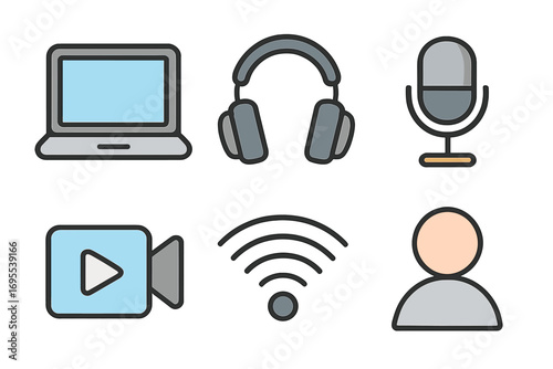 Modern technology media icons set. Cartoon vector symbols for podcasting, streaming, online communication, and user interface. Laptop, headphones, microphone, video, wifi.
