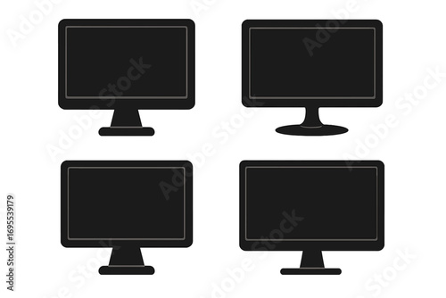 Computer monitor silhouette set. Vector icon collection of PC display screens. Desktop hardware elements. Black flat design graphic for tech and web. Isolated mockup.
