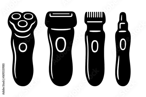 Set of electric shaver and trimmer silhouettes. Vector icons for grooming, personal care, and hygiene. Includes rotary shaver, foil razor, clipper, and detail trimmer.