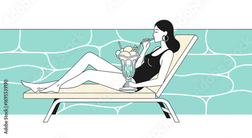 Relaxation Scene Depicting Leisure Activity Person Having Dessert Next to Poolside Minimalist