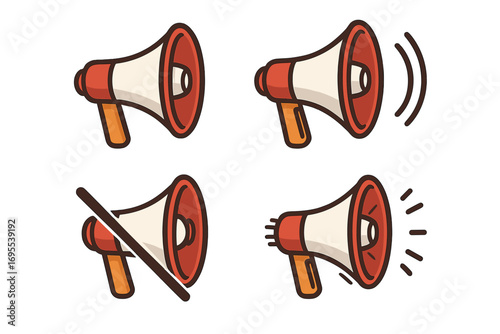 Various megaphone icons in different styles and states representing sound, communication, volume, mute, announcement, speaker symbols, loudspeaker, cartoon vector illustration, transparent background