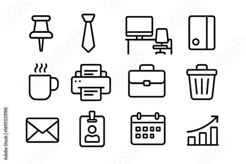 Office line icon set. Business and work symbols collection. Thin line vector icons for web, app, and infographics. Workspace, computer, printer, briefcase, id card, calendar, chart.