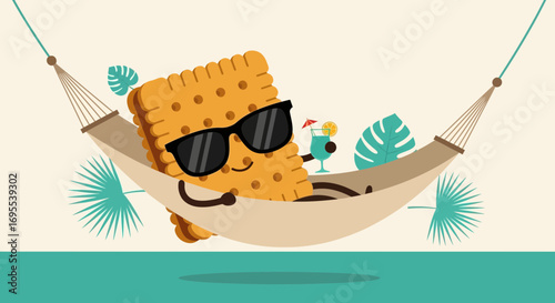 Relaxed Biscuit Character Wearing Sunglasses, Lounging in a Hammock with a Cocktail