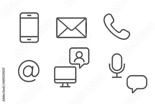 Minimalistic line icons for communication tools and devices, vector cartoon illustration set with transparent background, email phone chat computer microphone social media symbols