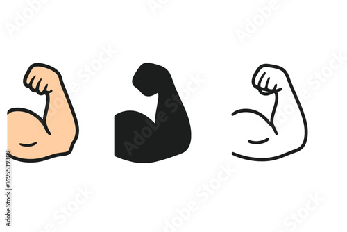 Muscle icon set, biceps symbol in flat, silhouette, and linear cartoon style, fitness strength illustration, vector graphic with transparent background, health and gym concept
