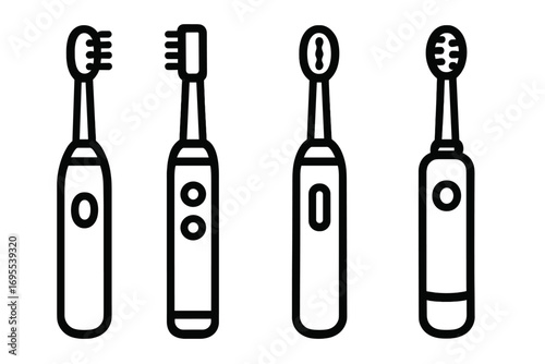 Electric toothbrush vector icon set. Minimal outline illustration of dental care equipment. Oral hygiene, tooth cleaning & health concept. Modern sonic toothbrushes collection.