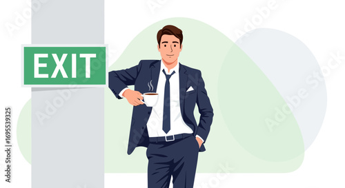 Relaxed Businessman Leaning On Exit Sign And Enjoying Coffee Break With Freshness