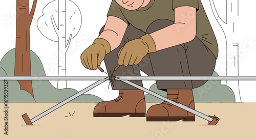 A Person Assembling a Structure Using Hand Tools in a Minimalist Illustration Style