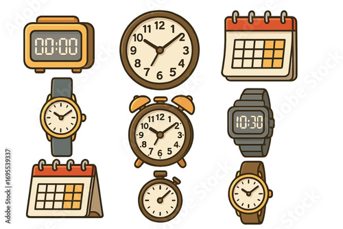 Various timekeeping tools collection with wristwatches, digital clocks, alarm clocks, wall clocks, stopwatches, and calendars, vintage and modern styles, vector cartoon illustration
