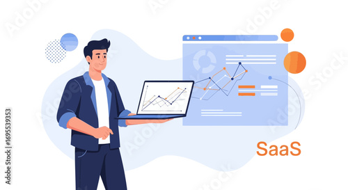Man Presenting Business Data Analysis and Software as a Service Concept Illustration