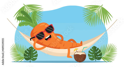 Relaxed Cartoon Carrot Enjoying Tropical Vacation On The Beach With Drinks And Palm Leaves