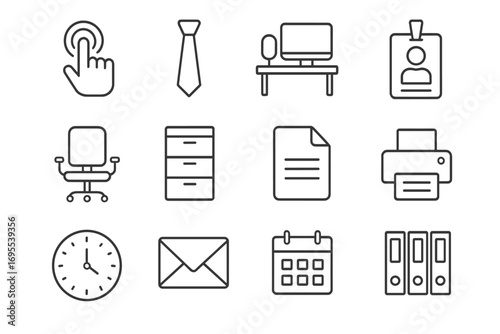 Office line icon set. Business and work symbols. Vector collection for web design, apps, infographic. Contains push button, tie, workspace, id card, chair, printer, clock.