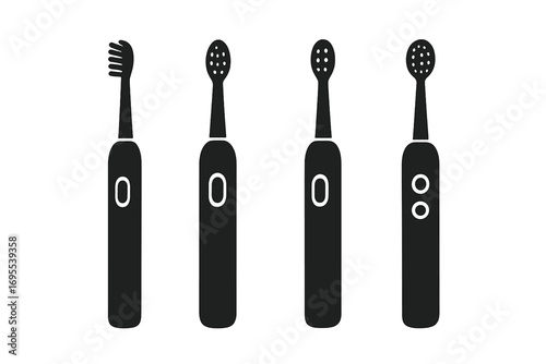 Set of electric toothbrushes vector icons. Minimal silhouette illustration for dental care and oral hygiene. Collection of modern electronic tooth cleaning devices.
