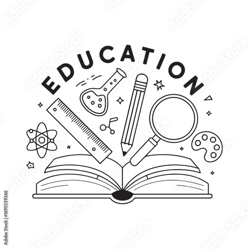 Creative Learning Concept with Open Book, Tools, and Symbols Vector Design