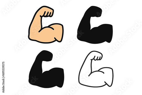 Muscle icon set with biceps symbol, flat design, silhouette and linear styles, vector cartoon illustration, transparent background, fitness and strength concept, gym and bodybuilding graphics