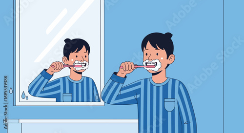 A Person Brushing Teeth In Bathroom With Reflection In The Mirror