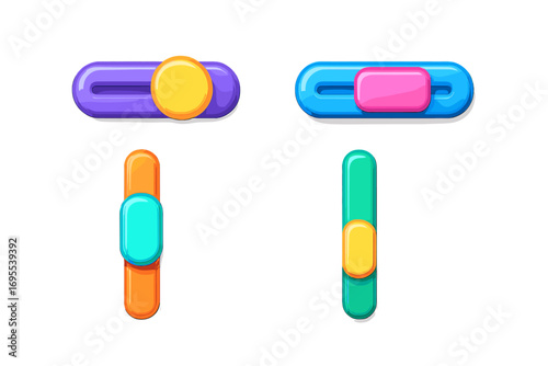 Colorful 3D vector icon set of sliders and toggle switches for user interface design. Cartoon UI UX game buttons for control panel, settings, options, level adjustment.
