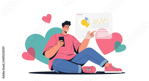 Man Observes Business Data on Mobile Device with Hearts Representing Positive Analytics Results