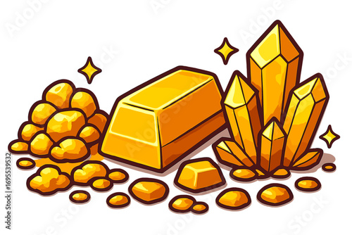 Various types of gold including gold nuggets, gold bars, and gold crystals displayed together in a vibrant, colorful, and shiny vector cartoon illustration with transparent background
