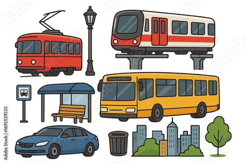 Various modes of transportation and urban elements, public transit including bus, tram, monorail, car, bus stop shelter, city buildings, green trees, urban scene, vector cartoon illustration