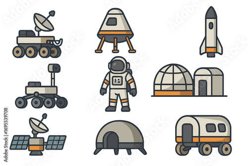 Various space exploration icons showcasing futuristic equipment, astronaut, lunar rover, space habitats, rocket, satellite, and space capsule. Vector cartoon set with transparent background.