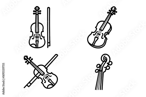 Set of linear violin icons. Classic black and white minimalist style. Vector illustration of a string musical instrument. Orchestra, symphony, concert and fiddle concepts.