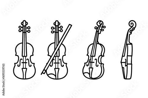 Set of violin linear icons in classic minimalist style. Black and white vector illustration of a string musical instrument. Orchestra fiddle graphic from different angles.
