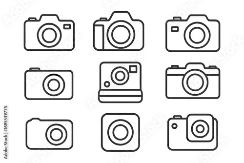 Camera icon set. Collection of photography symbols in minimalist black line art. Vector graphic elements for design. DSLR, instant, and digital photo equipment pictogram outline.