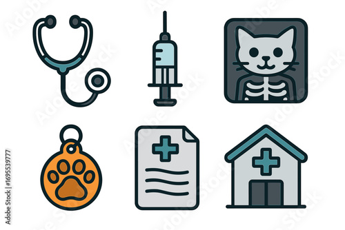 Veterinary icon set with stethoscope, syringe, cat X-ray, paw tag, medical document, veterinary clinic illustration, animal care symbols, pet health vector
