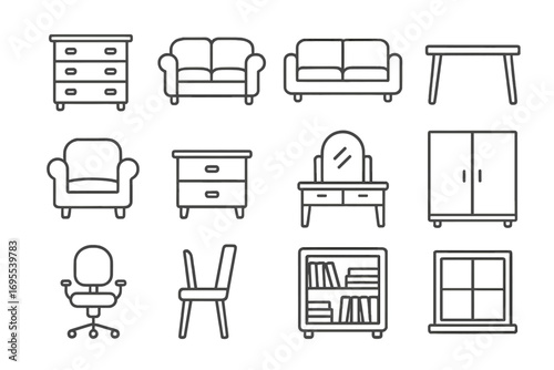 Furniture line icon set. Home interior design elements. Editable stroke vector pictograms. Couch, sofa, chair, table, wardrobe, bookshelf symbols for web, ui, ux, app.