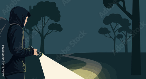 A Person Exploring a Forest Trail at Night with a Flashlight Illuminated Path