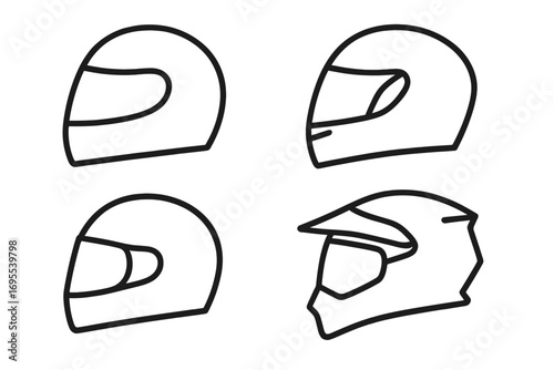 Set of motorcycle helmet icons. Minimalist line art collection. Full face racing, motocross, and biker helmets. Simple vector outline for motorsport safety and rider gear.