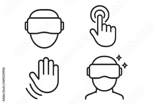 Virtual reality icons minimalist linear style with headset and hand gestures, VR interaction symbols, cartoon vector set, transparent background, technology concept digital interface
