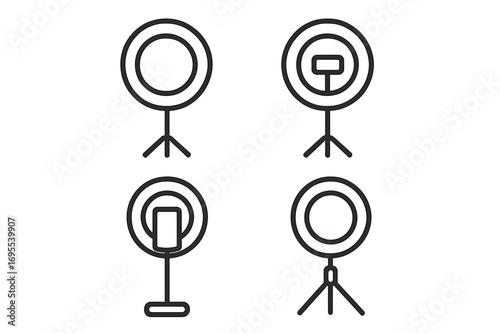 Ring light icon set for streaming, photography, video calls. Minimalist line art symbols for selfie, vlogging, social media. Content creator equipment outline vector icons.