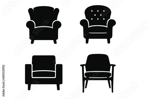 Armchair silhouette icon set vector collection. Classic and modern furniture symbols. Interior design graphic elements. Home decor lounge chair, sofa, seat glyph pictograms.